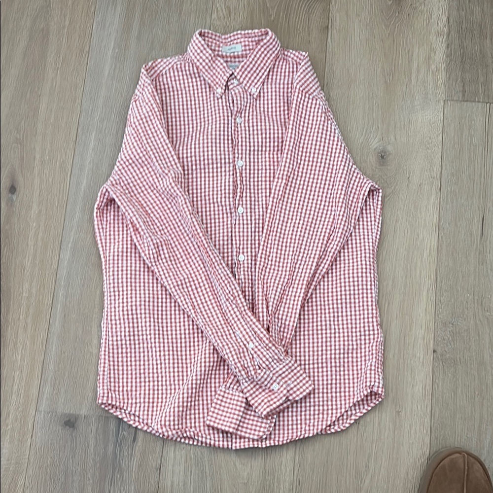 J. Crew Organic Cotton Seersucker Orange Checked Button Down Shirt